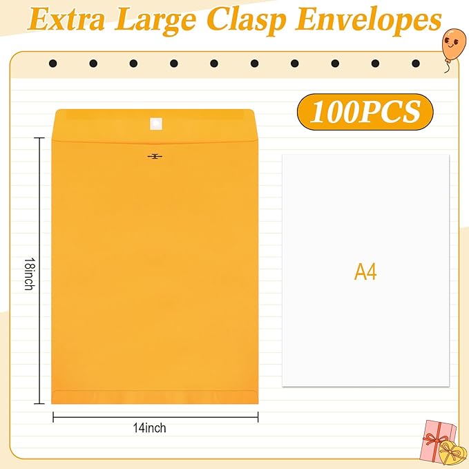 100 Pcs 14 x 18 Inch Extra Large Mailing Clasp Envelopes Jumbo Kraft Catalog Manila Envelope with Clasp Closure for Oversized Big Documents Office Home Business Legal School Storing Mailing