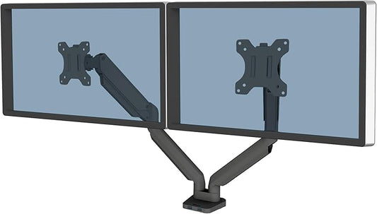 Fellowes Platinum Series Dual Monitor Arm for 40-Inch Monitors, Full Motion, 360° Rotation, VESA Mount with Grommet or Clamp, USB Ports, Ergonomic, Black, 8042501