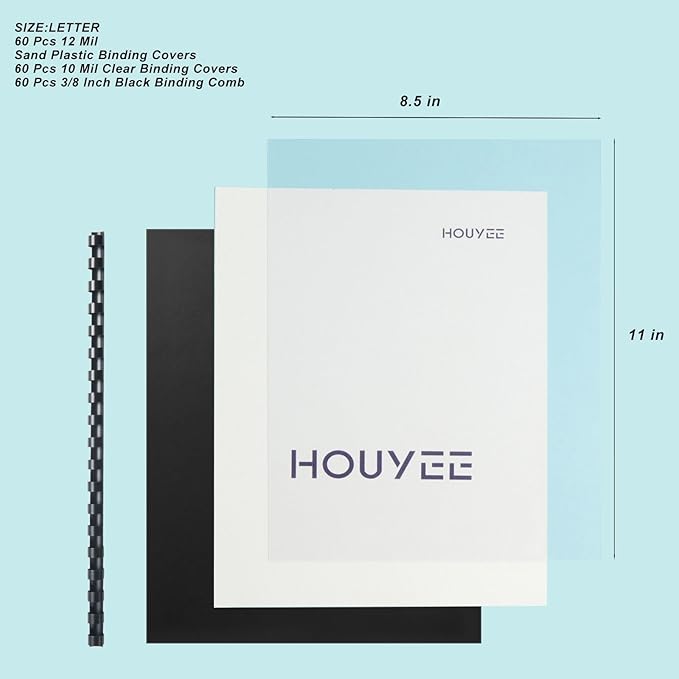 HOUYEE 180 Pack Binding Covers Set: 60 Pcs 3/8 Inch Black Binding Combs, 8.5x11 Inches, 60 Pcs 10 Mil Clear Binding Covers, 60 Pcs 12Mil Black Sand Texture, Letter Size