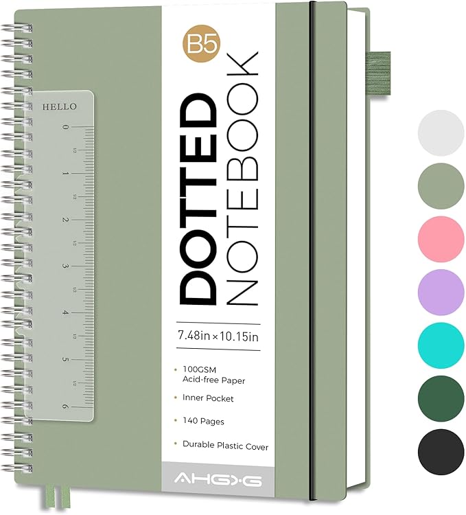 AHGXG Bullet Dotted Journal - Dot Grid Spiral Notebook B5, 140 Pages, 100 GSM Thick Paper, Waterproof Plastic Cover Journals for Bullet Journaling, Sketching, 7.6" x 10", Sage Green