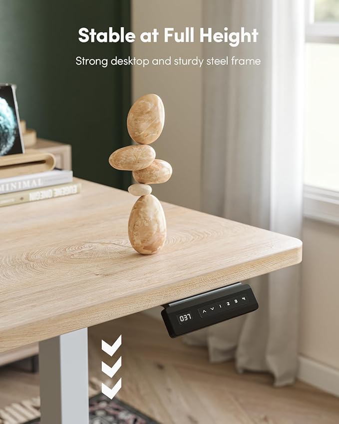 FEZIBO One-Piece Standing Desk Adjustable Height Stand up Home Office Desk, 48x24 Inch Electric Standing Computer Desk, with 4 Memory Presets, Fixable casters, Maple