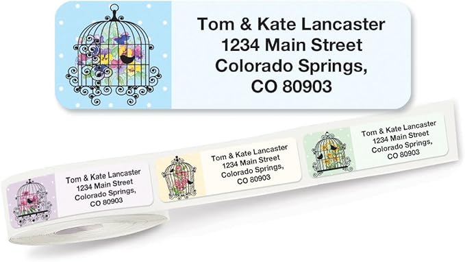 Birdcages Rolled Personalized Return Address Mailing Labels with Dispense, Set of 250, 5 Designs, Small ¾ x 2½ Inch Size, Custom Self-Adhesive Sticker Roll, by Colorful Images