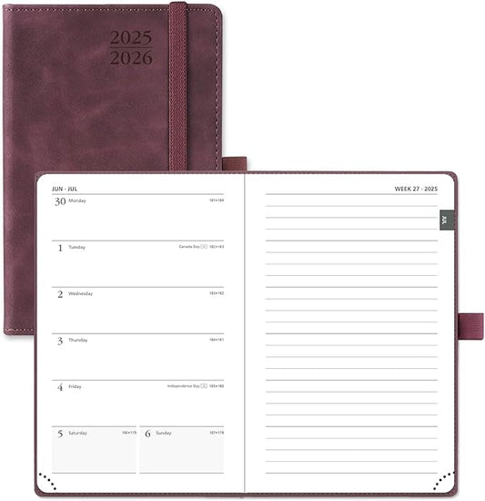 POPRUN Planner 2025-2026 Weekly Notebook for Purse(Pocket Size 4''x 6.25'') Small Academic Calendar (JUL.25 - JUN.26) with Monthly Tabs, Leather Soft Cover, Inner Pocket, 100 GSM - Claret