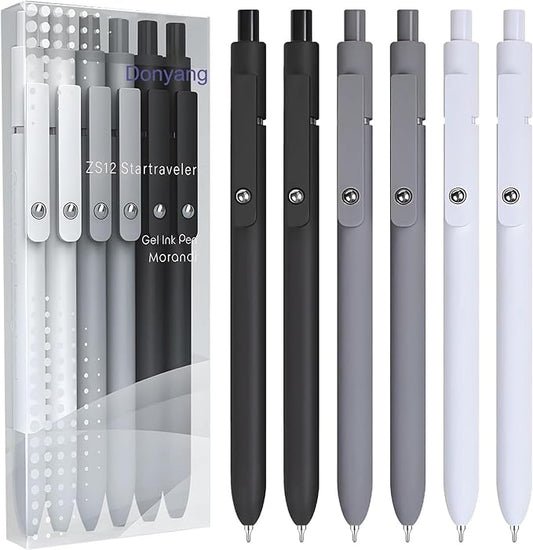 Gel Pens, 6PCS Black Ink Fine Point Pens With Smooth Writing, School Office Supplies, Anniversary Birthday Gifts for Men Women, Quick Dry Pen For Journaling, Nurse Aesthetic Pen (Black Gray White)