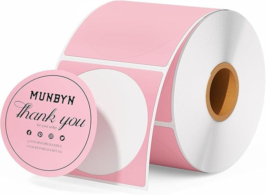 MUNBYN 2 Inch Pink Circle Thermal Sticker Labels, Self-Adhesive Round Direct Thermal Labels for Logo Design, QR Code, 750 Sheets/1 Roll