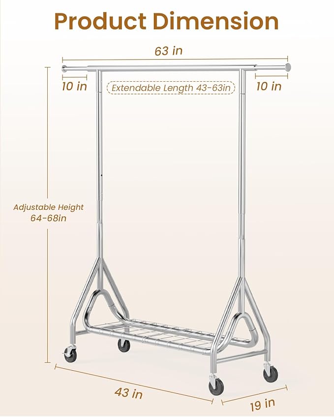 Heavy Duty Clothing Rack, Metal Clothes Rack Load 450 LBS, Rolling Coat Racks for Hanging Clothes with Lockable Wheels, Wardrobe Closet Garment Racks for Bedroom, Silver