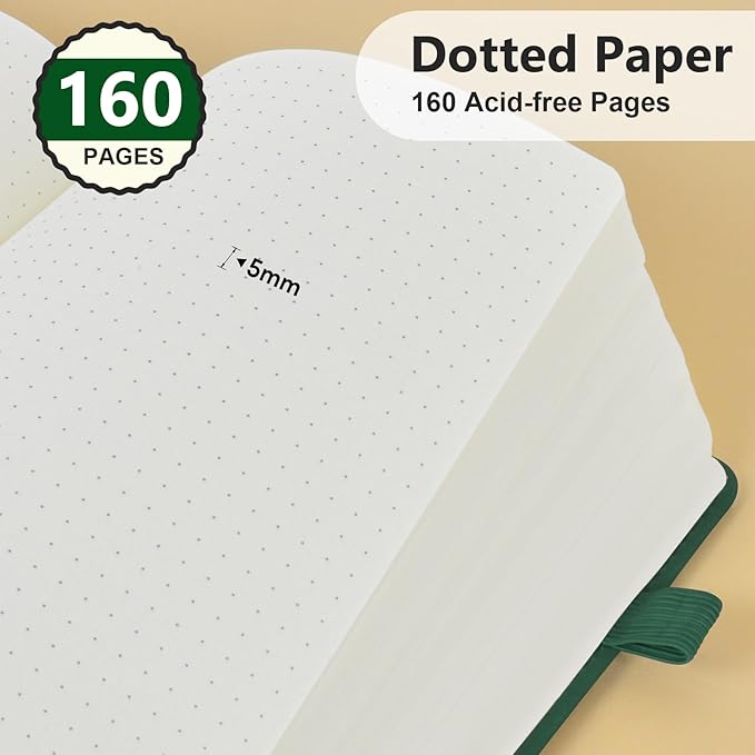 PERCUN Dotted Journal Notebook for Men & Women, 160 Pages Dot Grid notebook for Note Taking, Bullet Journaling Notebook for Work, School, Travel, Writing, A5 Hardcover 5.9" x 8.5"(Green)
