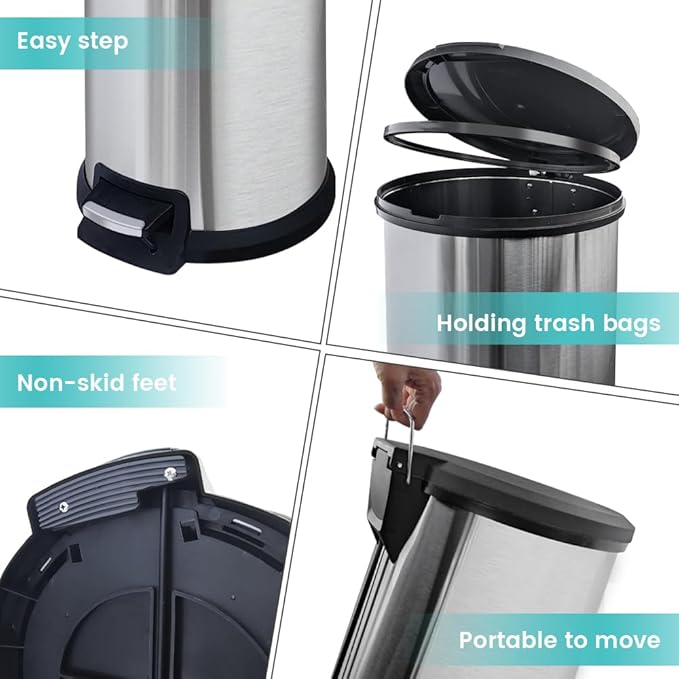 10 Gallon Stainless Steel Trash Can – Round Tall Design, Hands-Free Pedal, Liner-Free with Inner Ring Bag Holder, Rust-Proof for Kitchen, Office, or Bathroom (12.8" x 13.6" x 24")