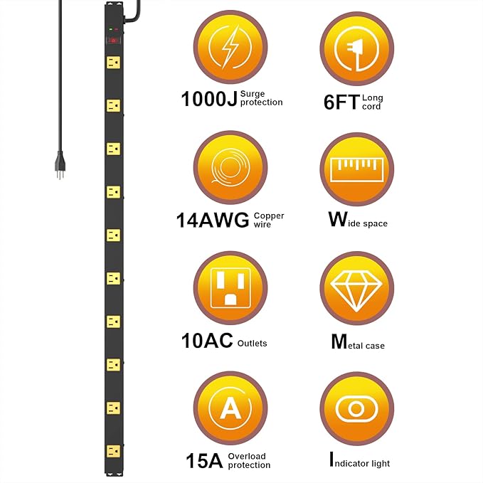 10 Outlet Surge Protector, Long Metal Wide Spaced Garage Industrial Power Strip, Heavy Duty with 6 FT Cord, 15A, 125V, 1875W, 2700 Joules, 2Pack, SGS Listed