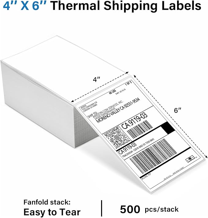 Thermal Shipping Labels 4x6-500 Labels Fan-Fold, Mailing Postage Paper for Thermal Printers, Strong Adhesive, Jam-Free, Compatible with JADENS, Rollo, Munbyn, for Office & Home