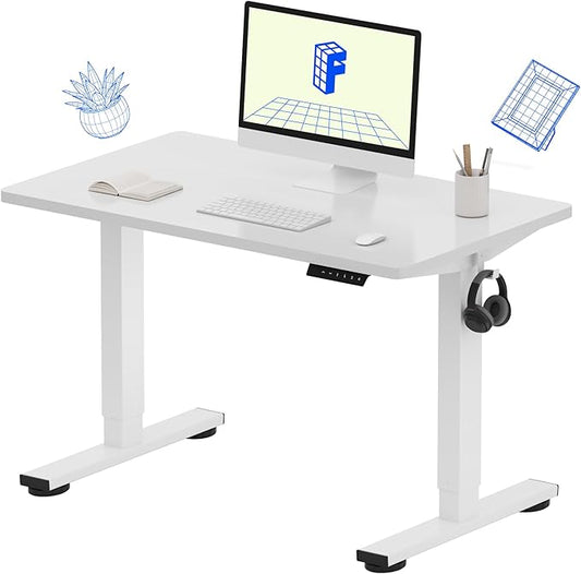 FLEXISPOT EN1 One-Piece Adjustable Height Desk 40 x 24 Inches Whole Piece Desktop Small Standing Desk for Small Space Electric Sit Stand Home Office Table (White Frame + White Desktop)