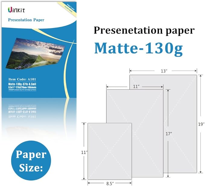 Uinkit 100 Sheets 11x17 A3 Thin Matte Presentation Paper Photo Double Sided 38lb 140gsm Printable on Both Sides Brochure Photos Picture Poster Playbill Flyer Coated for laser and Inkjet Printer