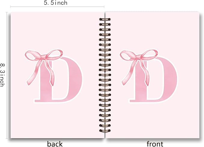 Coquette Trendy Preppy Pink Bow Spiral Notebook,Initial D Journal Personalized Teen Girl Gifts,Monogrammed Gifts for Women Teen Girl,College Ruled Hardcover Spiral Notebook 5.5 x 8.3