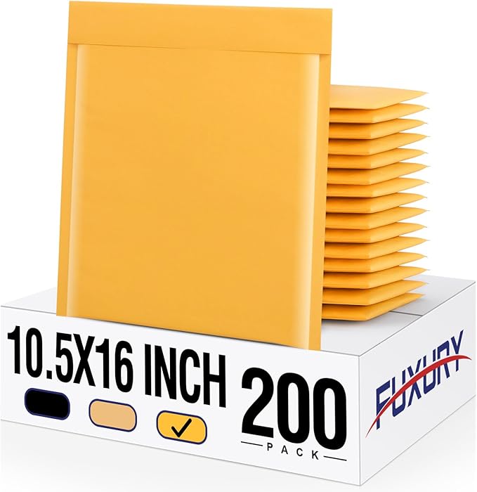 Fuxury Kraft Bubble Mailer 10.5x16" 200Pack Strong Adhesion Padded Envelopes Kraft Yellow Bubble Envelopes Usable Size 10.5x15" Waterproof Cushioned Padded Mailers Packaging for Small Business