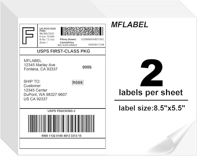 MFLABEL Half Sheet Shipping Labels 8.5x11 Inch - No Cut Needed! Self-Adhesive 8.5"x5.5" Labels for Laser/Inkjet (2000 Sheets = 4000 Labels) + Free 192 Fragile Stickers - FBA, UPS, FedEx