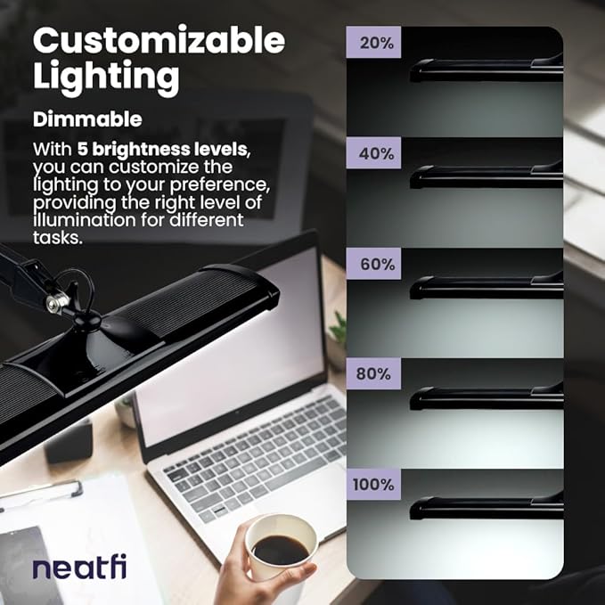 Neatfi Ultra 3,500 Lumen LED Desk Lamp, 45W, 26-Inch Wide Metal Shade, 270 SMD LEDs (Non-CCT with Clamp, Black)