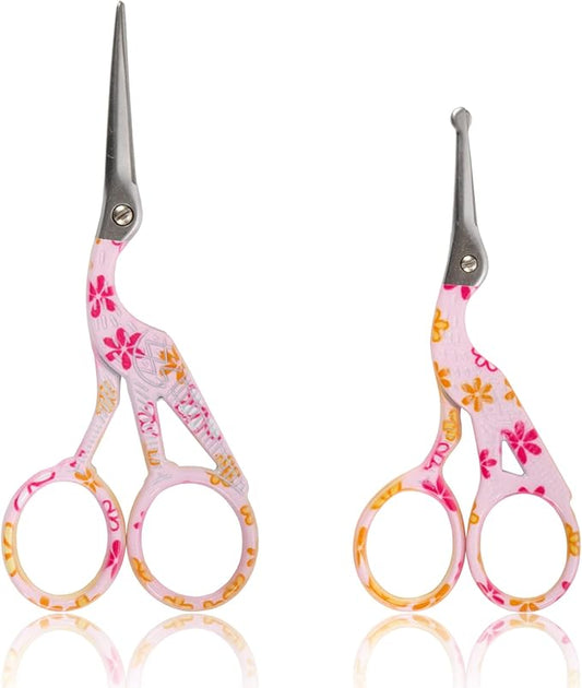 Stork Bird Rounded Safety Tip Embroidery Craft Stainless Steel Crane Scissors - Pink - 2 Pairs