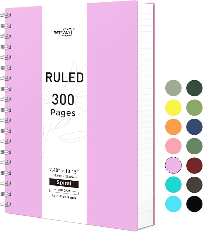 RETTACY Spiral College Ruled Notebook, 300 Pages, B5 Medium Size (7.4" x 10"), for School, Work, Writing, Journaling, 100 GSM Thick Paper, Flexible Plastic Cover (Lilac)