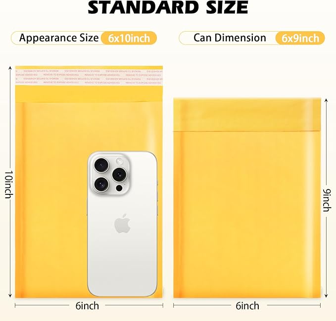 52Pack Yellow 6x10inch Kraft Bubble Mailers Small Business Mailing Packages Self-Sealing Paper Envelopes, Mailer Shipping Padded Envelopes with Strong Adhesion for Jewelry Makeup Supplies