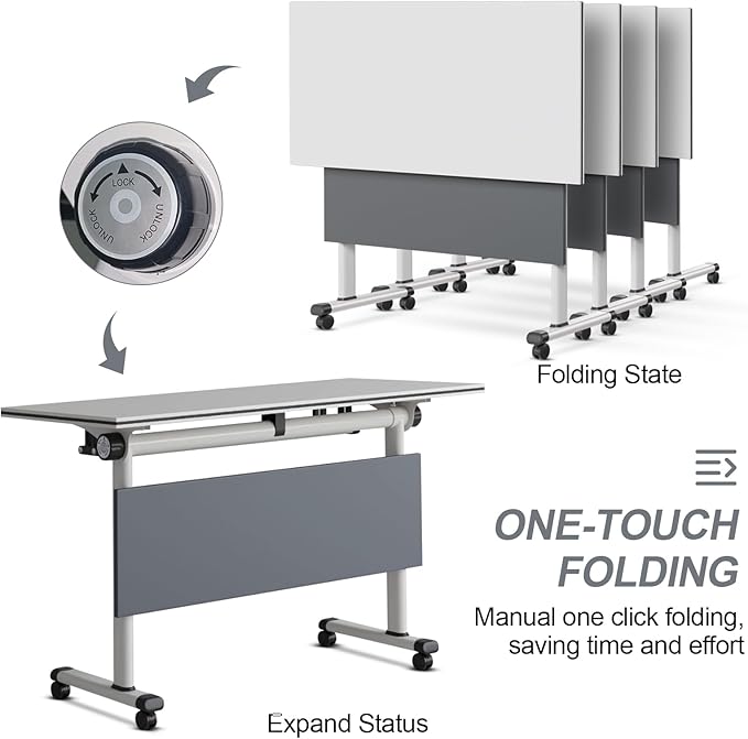 Folding Conference Table, Modern Large Conference Room Tables with Flip-Top Design, Foldable Conference Table Meeting Table with Wheels, Mobile Seminar Training Tables for Office Classroom (6, Gray)