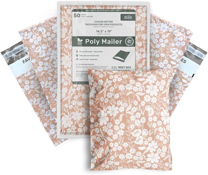 Poly Mailers 14.5x19 Inch 50 Pack Extra-Large Shipping Bags Strong Thick Mailing Envelopes | Self Sealing Adhesive | Waterproof & Tear Proof | Small Business Packaging for Clothing - Floral Dusty Pink