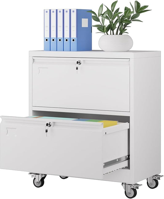Aobabo 2 Drawer Wide File Cabinet with Wheels, Lockable Metal Filing Cabinet for Home Office, Legal/Letter Size,White,Required Assembled,15.87" D x 28.94" W x 34" H