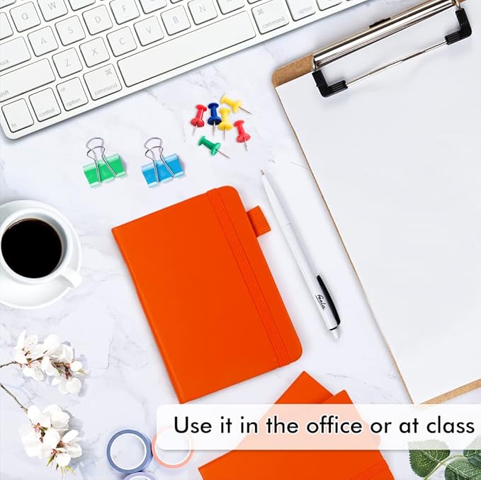 feela 6 Pack Pocket Mini Notebooks Bulk, Small Cute Memo Notepads Hardcover College Ruled Lined Journals with Pen Holder for School Business Work, with 6 Black Pens, 3.5”x 5.5”, A6, Orange