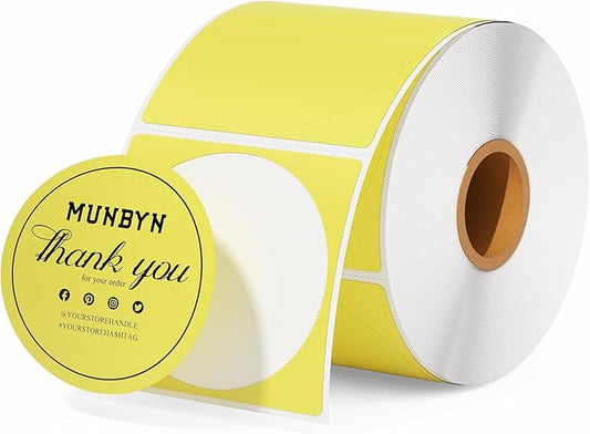 MUNBYN 2 Inch Circle Yellow Thermal Sticker Labels, Multi-Purpose Self-Adhesive Round Direct Thermal Labels for Business, 750 Sheets/1 Roll