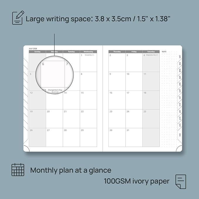 POPRUN Weekly Planner 2026 (Medium 6.5" x 8.5") Calendar 12 Months Notebook with Horizontal Layout, Leather Soft Cover, Monthly Tabs, Inner Pocket, 100GSM Thick Paper, Pen Holder - Brown