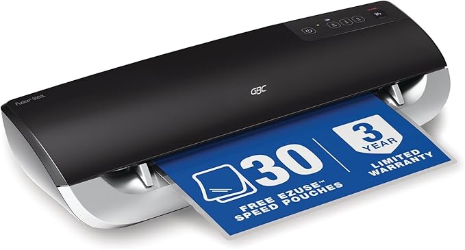 GBC Thermal Laminator Machine, Fusion 3000L, 12 Inch, 1 Min Warm-up, 3 or 5 Mil, with 30 EZUse Laminating Pouches (1703075)