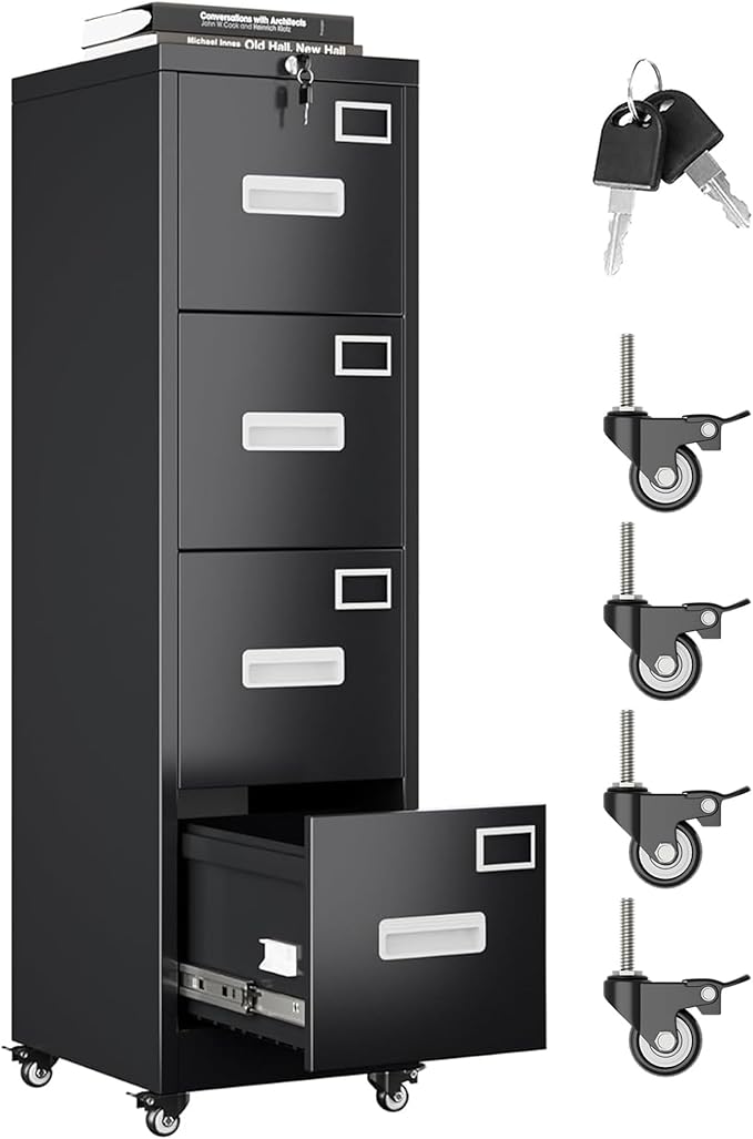 Aobabo File Cabinet 4 Drawer with Wheels, Lockable Office Metal Filing Cabinet with Name Card for Office and Home,Assembly Required,Black