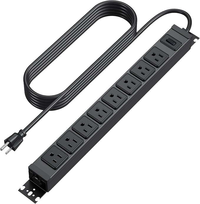 HHSOET Metal 360° Rotating Mountable Power Strip, 8 Outlet Gaming Table Mounted Outlet Strip, Heavy Duty Wall Mount Surge Protector with Switch, 15A 125V 1875W, 15ft Power Cord.(Black)