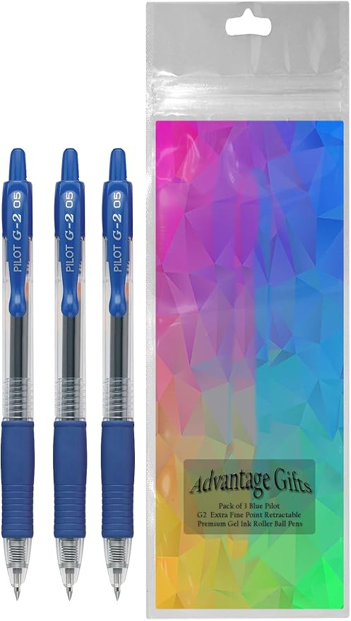 G2 Retractable Premium Gel Ink Roller Ball Pens Extra Fine Point (.5mm) Blue Ink 3 pack; Refillable & Premium Comfort Grip Bundle with Plastic Reusable Pouch