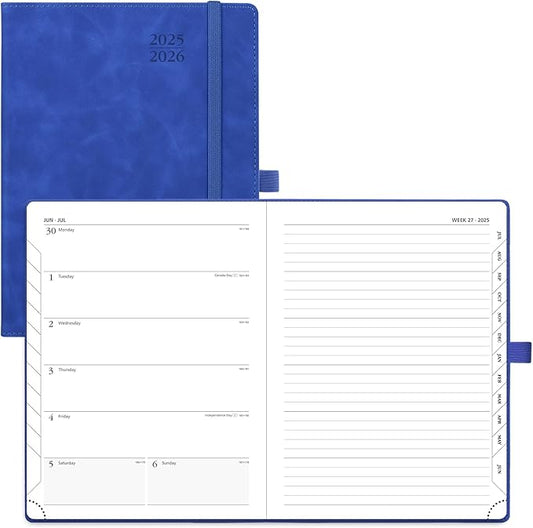 POPRUN Planner 2025-2026 Weekly Notebook (Medium 6.5''x 8.5'') Academic Calendar (JUL.25 - JUN.26) Appointment Book with Monthly Tabs, Leather Soft Cover, Inner Pocket, 100 GSM - Royal Blue