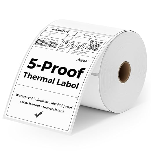 MUNBYN 4"x6" Direct Thermal Shipping Labels, Durable Waterproof, Oil-Proof, Scratch-Proof, Alcohol-Resistant, Tear-Resistant Label Paper for Thermal Printers, Packages, and Logistics, 380 Sheets/Roll