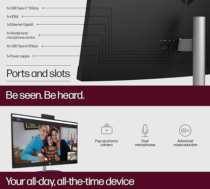 HP 27" FHD Touchscreen Business All-in-One Desktop Computer, Intel 12-Core Ultra 7 155U (Beats i7-1355U), 64 GB DDR5 RAM, 1 TB SSD, Intel Iris Xe Graphics, Wired KB & Mouse, Wi-Fi 6, Windows 11 Pro