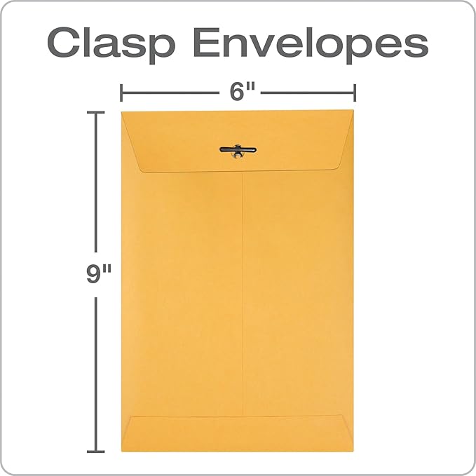 Quality Park 6 x 9 Clasp Envelopes, Clasp and Gummed Closures for Storing or Mailing, 28 lb Kraft Paper, 100 per Box (QUA37855)