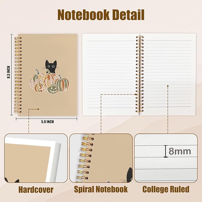 WUCHJ Halloween Black Cat Pumpkin Notebook, Fall Halloween Pumpkin Journal, Black Cat Gifts, Farmhouse Fall Autumn Spiral Notebook Journal for Note Taking, 5.5x8.3 Inch