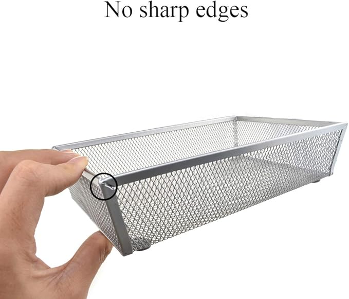 HAHIYO Stackable Mesh Tray Cup 9 x 6 x 2 inches Sturdy Container for Desk Drawer Organizer Collection for Home Office School kitchen Soft Foam Feet No Sharp Edges 1 Pack Silver
