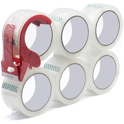 WELSTIK 3" Core, 6 Pack 2.4Mil 2 inch x 60 Yards Heavy Duty Clear Packing Tape with Dispenser, Industrial Shipping Box Transparent Packaging Tape for Moving, Office, Home