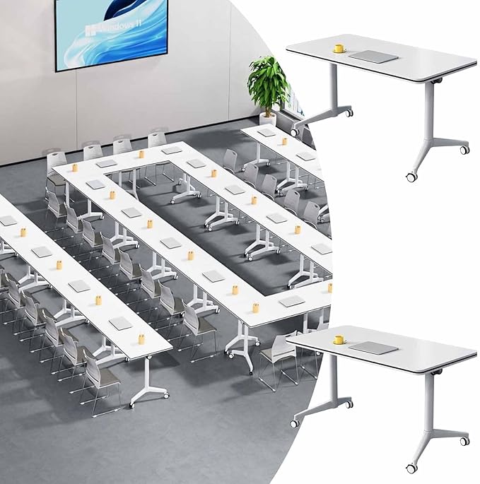 Folding Conference Room Table, Modern Mobile Training Table with Wheels, White Foldable Seminar Meeting Tables for Office Corporations (2pack 70.9in)
