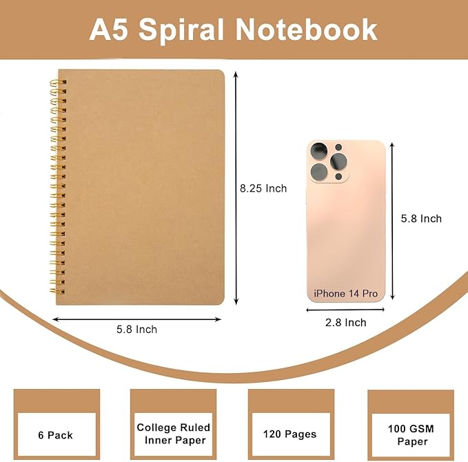 Ruled Spiral Notebook - 6 Pack Lined Notebooks for Work School - A5 Journals Bulk, Soft Cover Travel Journal Spiral for Writing Drawing, 8.2" X 5.8", 60 Sheets/120 Pages