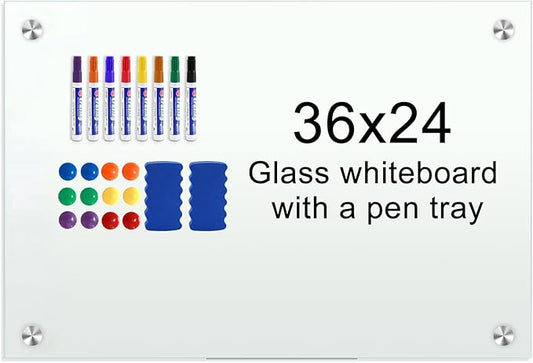 H-Qprobd Glass Whiteboard 36"x24" Magnetic Dry Erase White Board for Wall, Includes 12 Magnets, 8 Markers and 2 Erasers