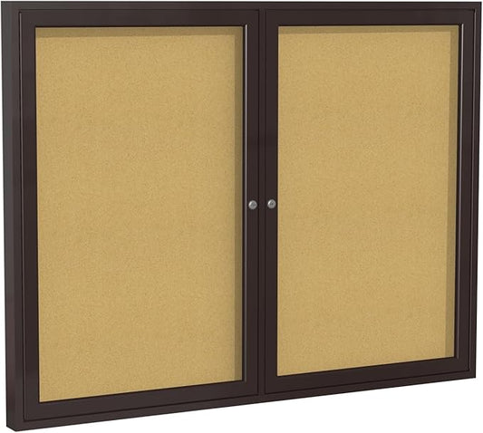 Ghent 36"x60" 2-Door indoor Enclosed Bulletin Board , Shatter Resistant, with Lock, Bronze Aluminum Frame - Natural Cork (PB23660K) Made in the USA