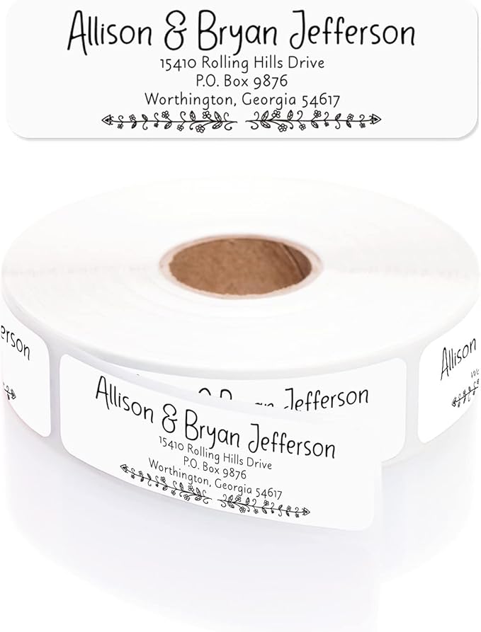 Black and White Botanical Rolled Address Labels / 500 Personalized Return Address Labels/Designer Address Stickers in Elegant Plastic Dispenser