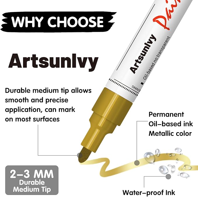 Gold Paint Pens Permanent Markers - 2 Pack Paint Markers for Metal, Rubber,Wood, Rocks, Canvas, Plastic, Dark Surface, Craft Art Supplies, Medium Tip, Quick Dry, Waterproof