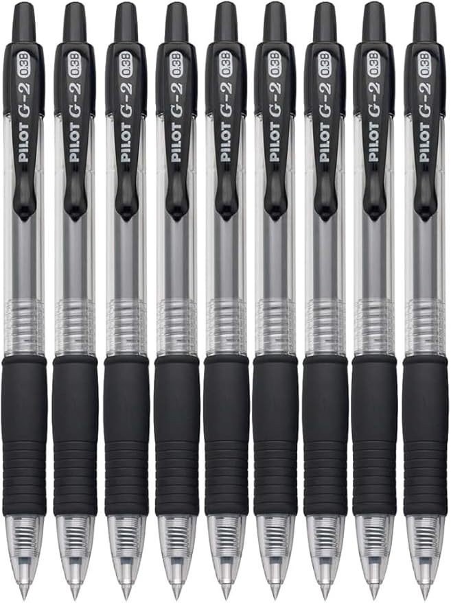 G2 Retractable Premium Gel Ink Roller Ball Pens Ultra Fine Point (.38mm) Black Ink 9 pack; Refillable & Premium Comfort Grip Bundle with Plastic Reusable Pouch