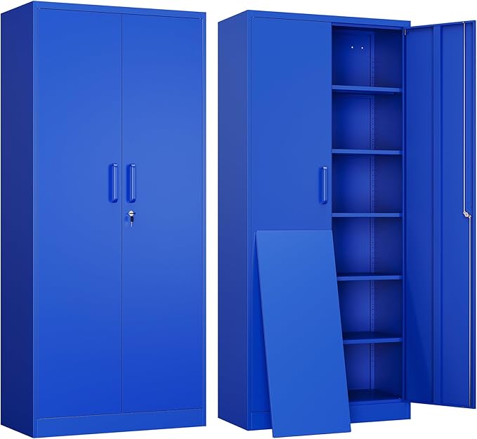 Yizosh Metal Garage Storage Cabinet with 2 Doors and 5 Adjustable Shelves - 71" Steel Lockable File Cabinet,Locking Tool Cabinets for Office,Home,Garage,Gym,School (Blue)