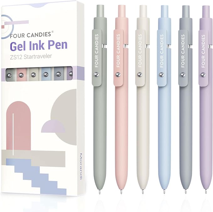 Four Candies Gel Pens, 6 Pcs 0.5mm Quick Dry Black Ink Pen Fine Point Smooth Writing Unique Pen, Office Home School Supplies Essentials Pretty Girl Cute Pens, Gifts for Women(Morandi)