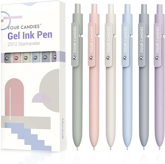 Four Candies Gel Pens, 6 Pcs 0.5mm Quick Dry Black Ink Pen Fine Point Smooth Writing Unique Pen, Office Home School Supplies Essentials Pretty Girl Cute Pens, Gifts for Women(Morandi)
